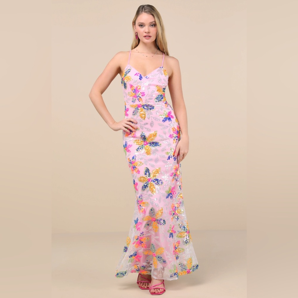Lulu's Isleen Light Pink Sequin Lace-up Mermaid Maxi Dress